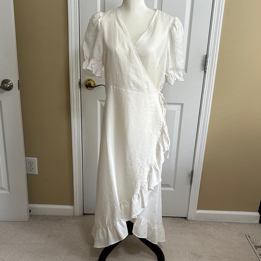 Beautiful White Linen Ruffle Midi Dress